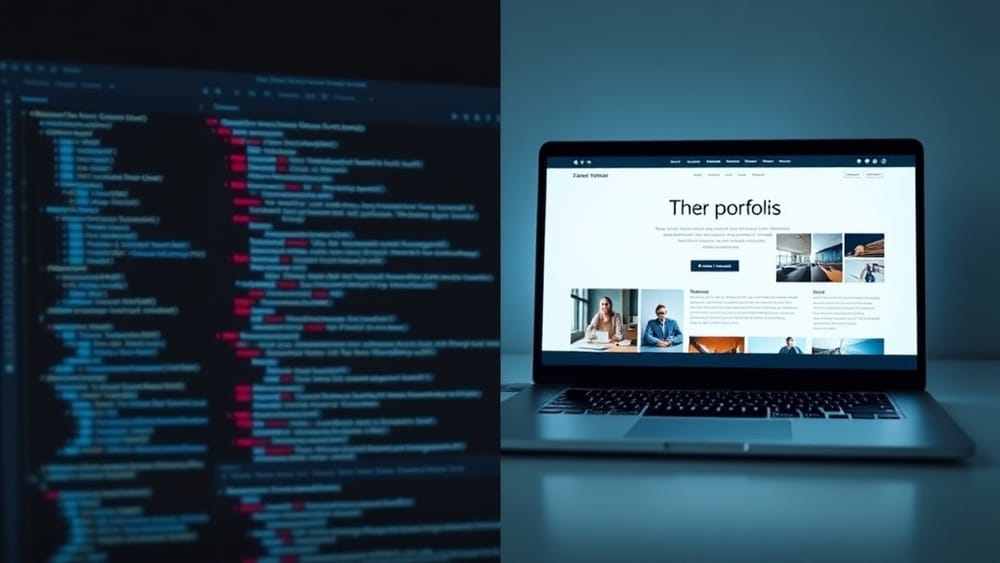 A split-screen showing a hand-coded portfolio being built in a code editor versus an AI-generated portfolio live and polished in seconds