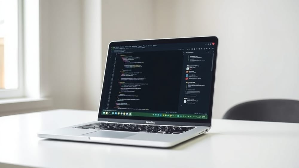 A developer's personal portfolio website open on a laptop in a modern home office