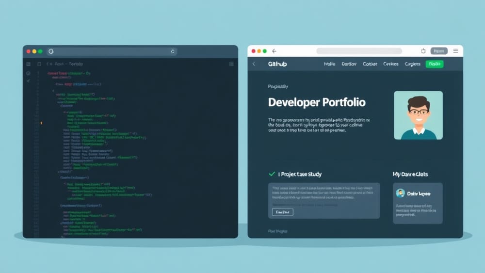 A developer's GitHub profile open in a browser tab next to a polished portfolio website, contrasting raw code with a human-first presentation