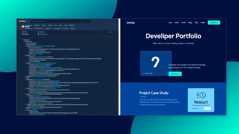 A developer's GitHub profile on one screen next to a clean portfolio website on another screen, illustrating the contrast between the two