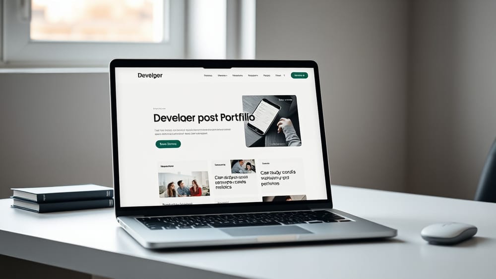 A polished portfolio website displayed on a laptop screen with a muted, thoughtful expression on a developer's face in the background