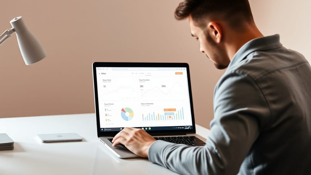 A developer reviewing portfolio SEO metrics on a laptop screen