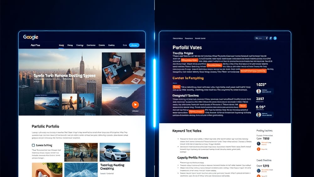 Abstract visualization of an AI algorithm scanning and scoring a portfolio website