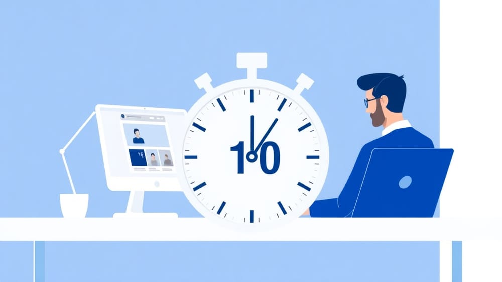 Hiring manager scanning a portfolio on a laptop screen with a stopwatch showing 10 seconds