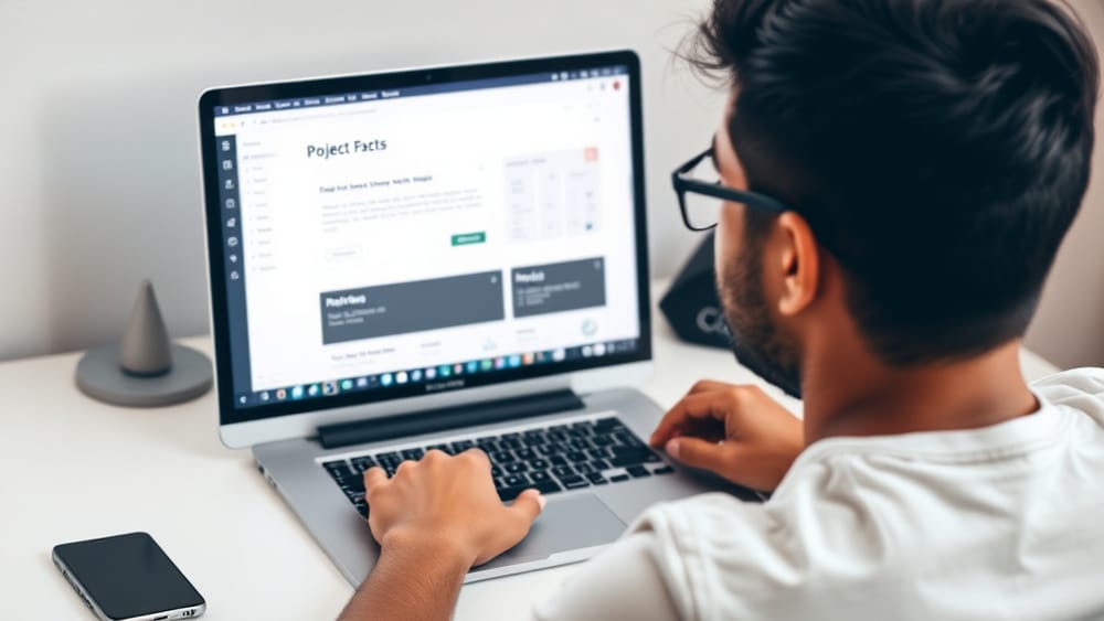 A developer reviewing a portfolio on a laptop, with code and project cards visible on screen