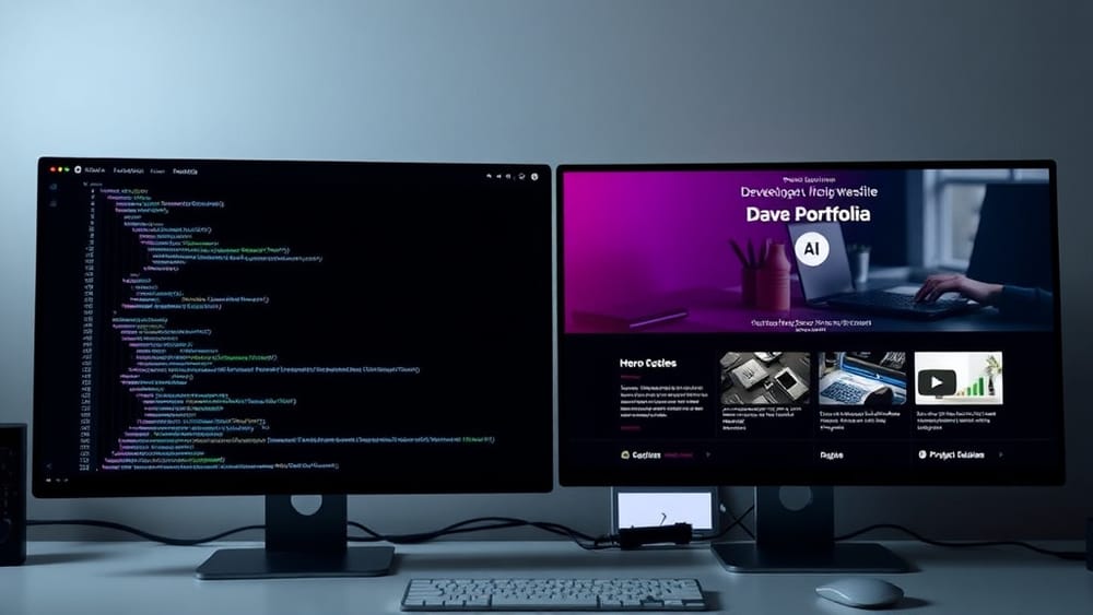 A developer's GitHub profile on one screen and a professional portfolio website on another, side by side