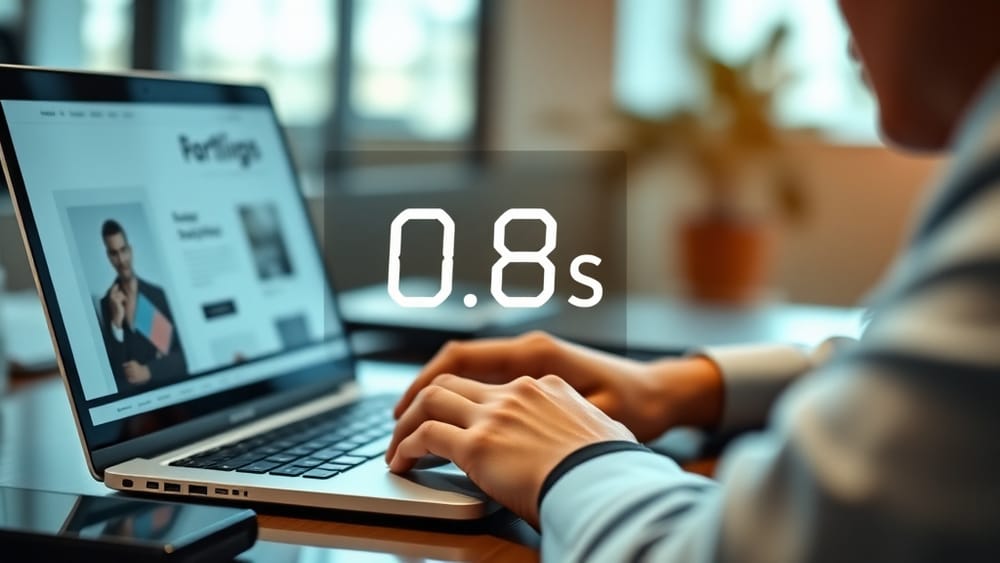 A hiring manager scanning a portfolio website on a laptop, with a stopwatch overlay indicating one second